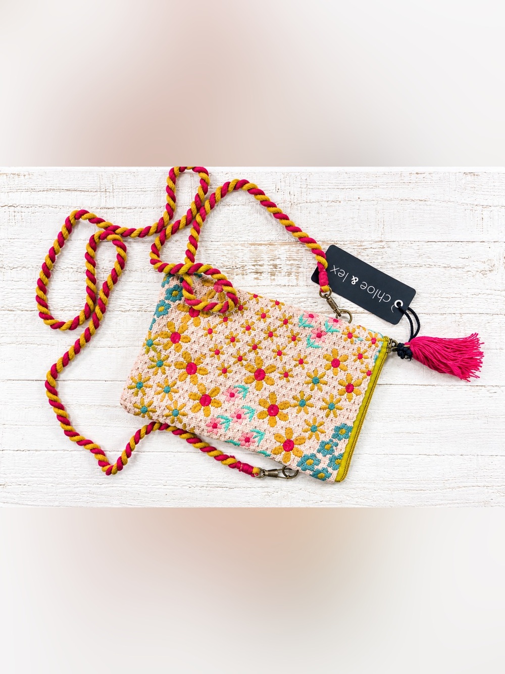 Embroidered Pink Floral Crossbody Bag with Braided Strap